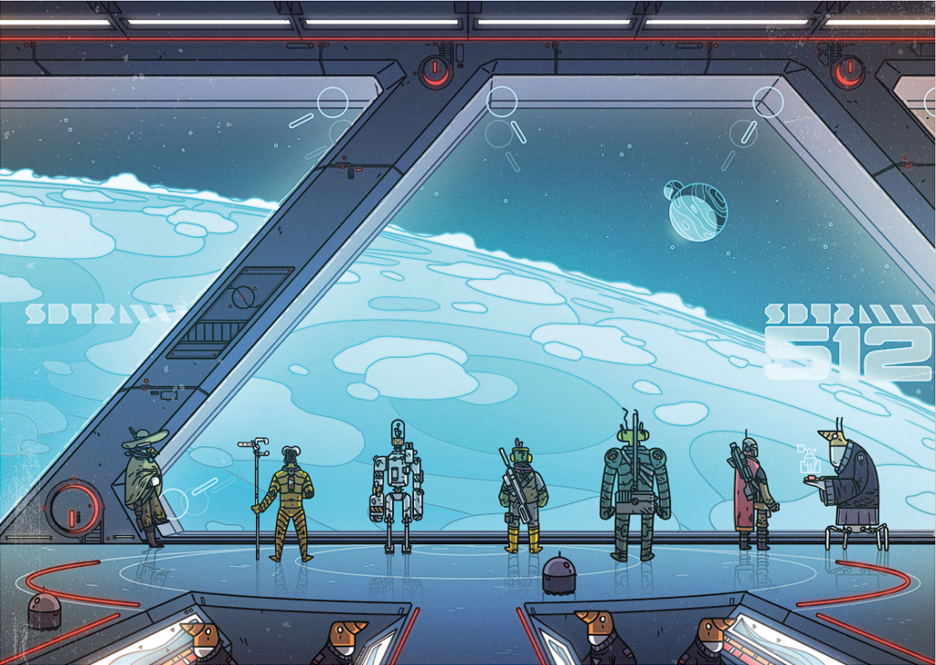 Notorious Bounty Hunter group looking out of starship window. 