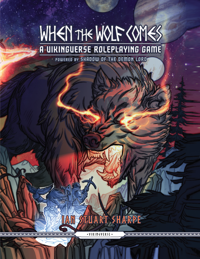 Cover of When the Wolf Comes depicting a large wolf with glowing eyes attacking a small band of neo-vikings
